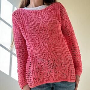 Vintage Jeanne Pierre Coral Crochet Boatneck Sweater Cotton Medium